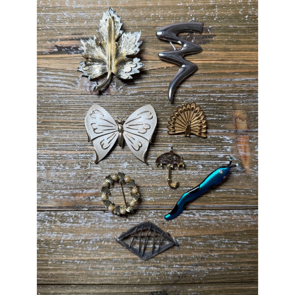 Vintage‎ Brooch Pin Lot 8 Western Butterfly Leaf Pearl Coquette Art Deco Boho